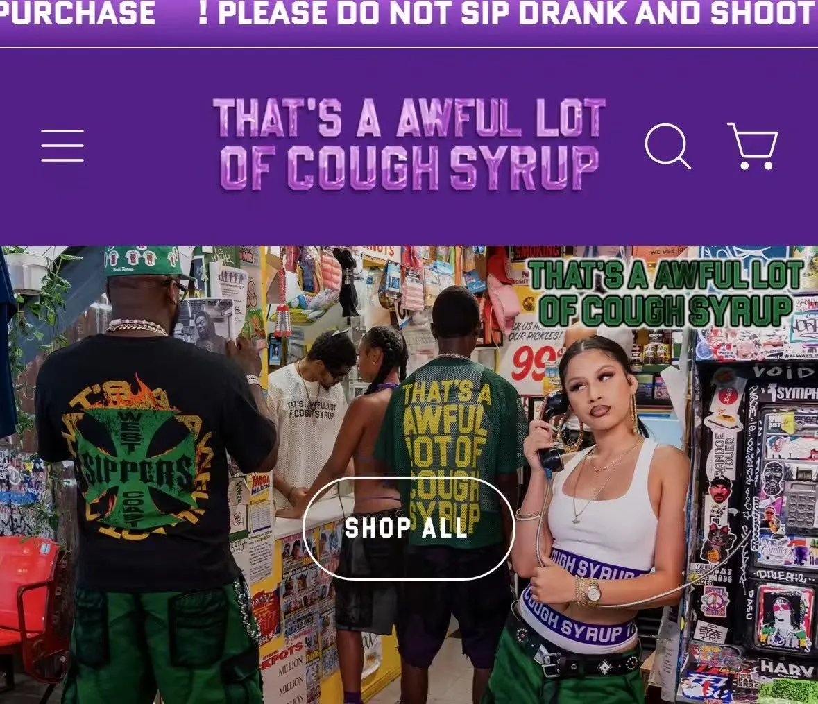 # - -purple I THAT'S A AWFUL LOT OF COUGH SYRUP In Stock Real shot American simple trendy brand loose casual T-shirt Fabric (fabric): 32 counts Weight combed double yarn pure cotton Sizes (size): S-M L X L Color (colour): Black-Green Black-Purple